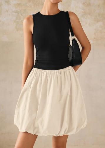Image of KIRUNDO Summer Dresses for Women 2026 Cute Mini Sleeveless Bubble Dress | Stretchy Ruched Front Cinched Waist, Woven Balloon Skirt, Crewneck Tank Sundress With Pockets, Casual Party Vacation Outfits