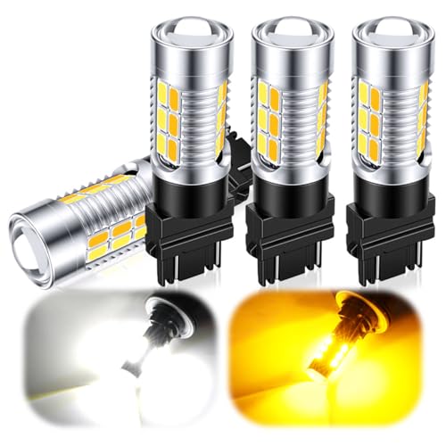 iFunyLED 3157 Switchback Led Turn Signal Bulbs Super Bright 3057 3357 3457 4157 LED Replacement light Kit Set for Car Daytime Running Turn Signal Blinker Lights pack of 4 Xenon White/Amber Yellow