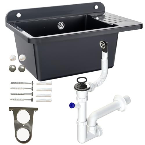 Waschbecken mit Siphon Ausgussbecken aus Kunststoff schwarz Granit Farbe, 50 cm Länge hängen Wasserinstallation Küche Badezimmer robuste Waschtrog
