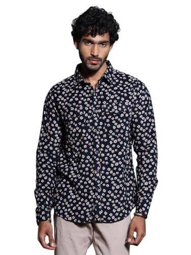 Image of Thomas Scott Men Slim Fit Pure Cotton Corduroy Floral Printed Semi-Formal Shirt