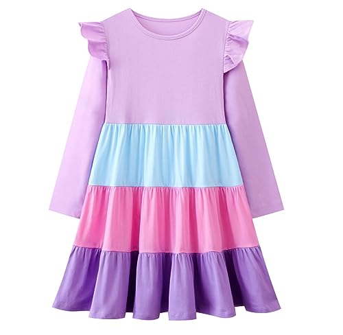Girl Long Sleeve Dress Ruffle Rainbow Color Block Cotton Casual Tiered Pleated Twirly Dress2
