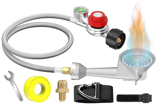 NQN High Pressure Cast-Iron Round Burner Head 0-30PSI Adjustable Pressure Propane Regulator with Hose Propane Burner Head with 5FT Stainless Braided Hose for Turkey Fryer Burners&Cooking Outdoor