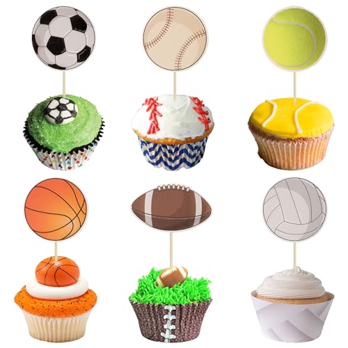 36Pcs Sports Cupcake Toppers Basketball Cupcake Toothpicks Soccer Ball Football Baseball Volleyball Rugby Cake Decorations for Sports Ball Game Theme Baby Shower Birthday Party Decoration Supplies