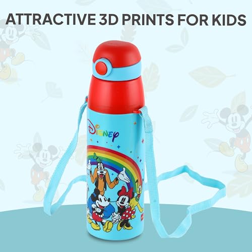Image of CELLO Kidzbee Series Orb 600 Inner Steel Insulated Water Bottle, 500ml, Light Blue | 3D Touch & Feel Mickey Family Design | Leakproof Flip Top Spout, Easy to Carry | Cold Water Bottle for Kids School