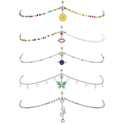 Drperfect Belly Button Ring with Waist Chain for Women Belly Ring Chain 14G Stainless Steel Dangle Belly Button Ring Belly Chain Jewelry for Waist, metal, cubic-zirconia Cover