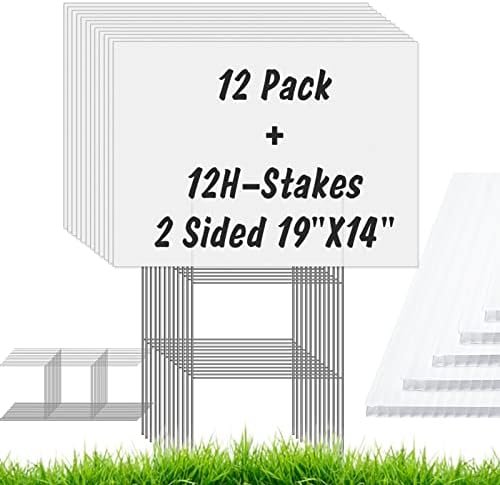 12 Pack Blank Yard Signs with Stakes, IKAYAS 19 x 14 Inches White Garden Yard Signs Yard Sale Signs Corrugated Lawn Signs for Party Yard Decorations,Garage Sale, Guidepost, Open House