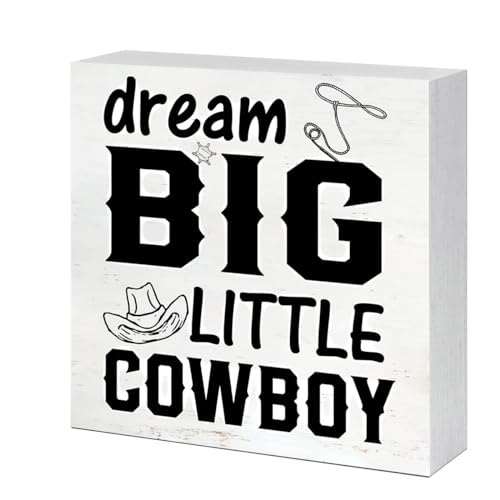 Image of UNIHOME Dream Big Little Cowboy Wooden Box Sign - Rustic Wooden Box Signs for Farmhouse Western Theme Desk Decor, Home Nursery, and Kids' Room Shelf Art (5 x 5 Inches)