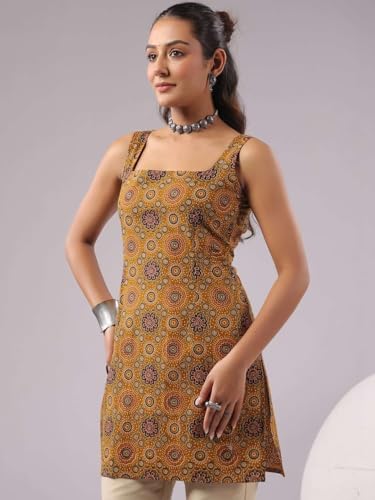 Image of Rimeline Women's Printed Cotton Sleeveless Square Neck Kurti Top | Straight Fit Ethnic Casual Tunic