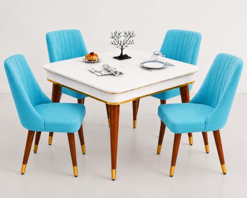 Image of WOODEN SPACE 4 Seater Wooden Dining Table Set | Urban Marble Top Dining Table with Chairs for Dining Room & Kitchen (Modern Frontline Sky Blue) (42 x 42 x 30 inch)