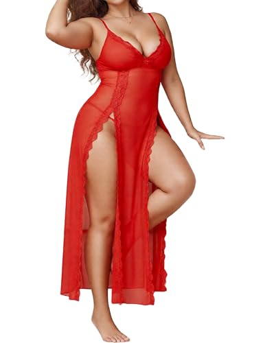 Image of Alrovetoney Plus Size Lingerie For Women Babydoll Sexy Mesh Maxi Nightdress Exotic Sleepwear Side Slits