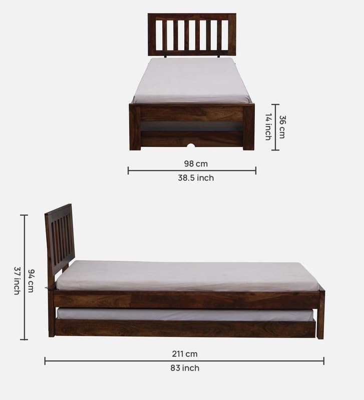 Image of Solid Sheesham Wood Wave Single Size Trundle Bed with 1 Extra Pullout Bed | Wooden Single Bed Cot Palang Furniture for Bedroom Living Room Home and Hotel (Provincial Teak Finish)