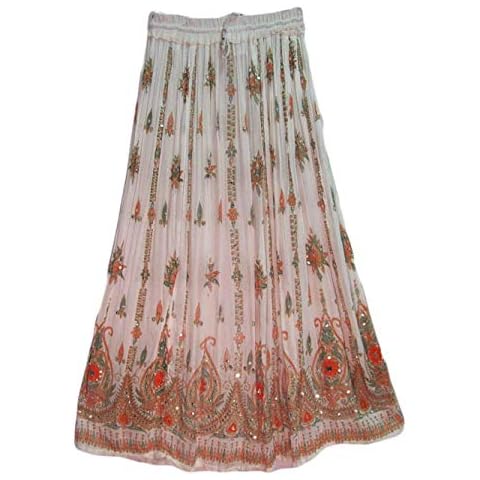 Radhy krishna fashions Women's Tie Dye Yoga Trend Sequined Crinkle Broomstick Gypsy Long Skirt, White, 36 INCHES Cover