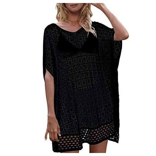 Lazzboy Gestrickte Damen Strandkleid Hollow Out Badeanzug Cover Up Für Beach Pool Badebekleidung Crochet Sexy Bikini Strandponcho Sommerkleid Sommer Bademode Strand Pareo (Schwarz,M)