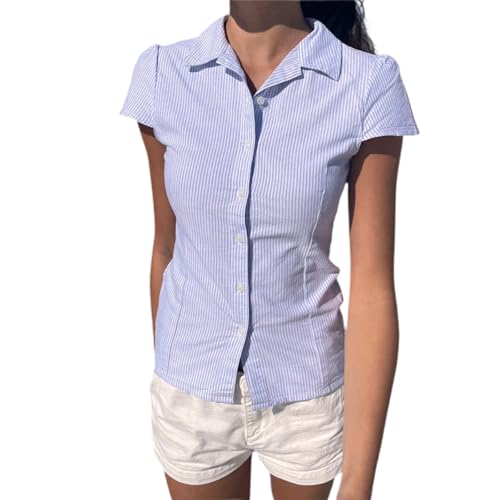 Image of Y2k Girls Vintage Coquette Button Down Shirt Women Short Sleeve V-Neck Slim Fitted T-Shirt Cute Blouse Crop Top