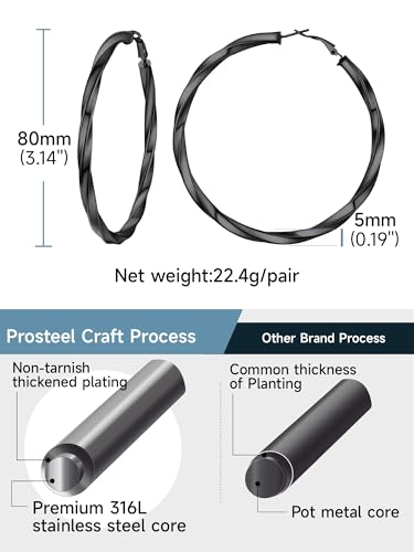 Image of Stainless Steel Chunky Hoop Earrings For Women, Minimalist and Chic, Black /Gold Plated, Round Hoops Earrings Hypoallergenic, Size: 30mm /40mm /60mm /80mm, Come with Box