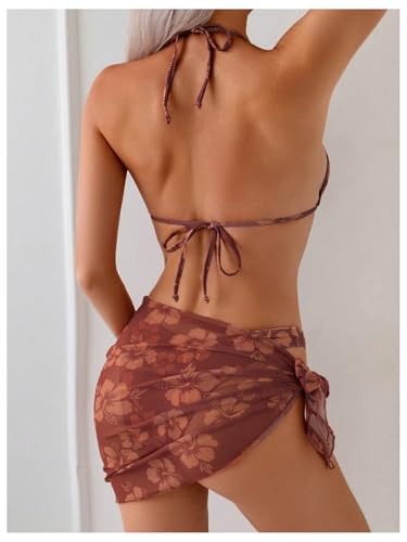 Milumia Women's 3 Piece Swimsuits Floral Print Halter Bikini Set with Cover Ups4