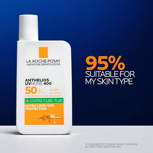Image of La Roche-Posay Anthelios UVMUNE400 Oil Control SPF50+ Fluid Sunscreen, 50ml | UVMUNE400 to combat ultra-long UVA rays and prevent deep skin damage like aging. use Anthelios for oil control benefits.
