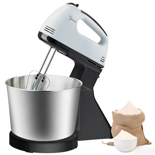 Batidora eléctrica de mano y de pie de 7 velocidades, 100W, tazón de acero inoxidable de 2L con gancho para masa, batidor y varillas para hornear, pasteles, galletas, amasado