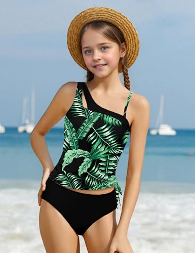 Image of AGAPENG Girls Swimsuit Two Piece One Shoulder Tankini Floral Print Drawstring Swimwear Set 7-14Y