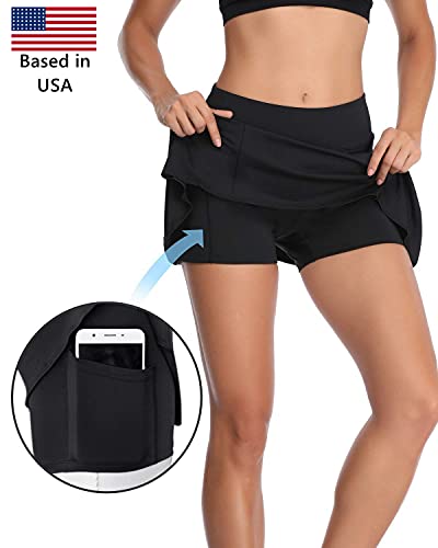 Rainbow Tree Women's Golf Skirt Tennis Skort Pleated with Side Inner Pockets Indoor Exercise,Runs Large Black - Thumbnail 2