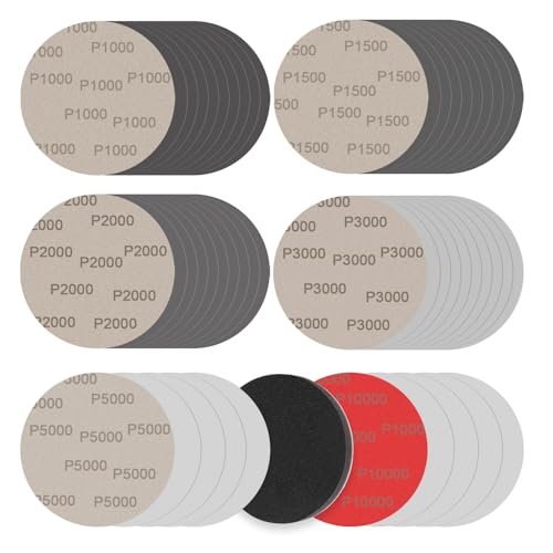 BODHTAT 耐水ペーパー ディスクペーパー #1000～10000番 ランダムサンダー ペーパー マジック式 サンディングディスク 丸型 耐水サンドペーパー 6種類50枚入セット 1000 1500 2000 3000 5000 10000 付アダプターパッド1枚,ヘッドライトの研磨 木工DIY作業に 金属磨き