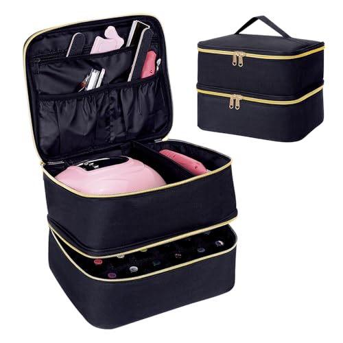 YAHOURWAT Nagellack Aufbewahrung Tasche Doppelschicht Nagellack Organizer Lagerung 30 Flaschen (15 ml / 0,5 FL.oz) mit verstellbarem Trenner für die Aufbewahrung von Nageltrockner und Nagel,Schwarz