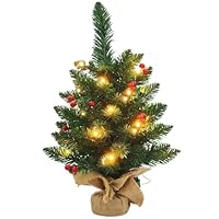 Maxesla Mini Christmas Tree with Lights, 50cm Small Pre Lit Table Top Christmas Tree with Holly Decorations, 8 Lighting Modes Desk Christmas Trees, Tabletop Artificial Xmas Tree for Home Office Décor