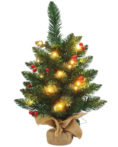 Maxesla Mini Christmas Tree with Lights, 50cm Small Pre Lit Table Top Christmas Tree with Holly Decorations, 8 Lighting Modes Desk Christmas Trees, Tabletop Artificial Xmas Tree for Home Office Décor