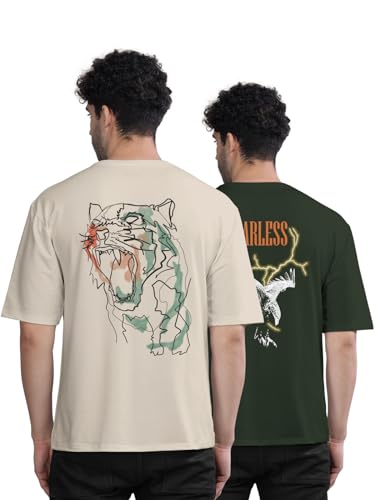 Image of BULLMER Trendy Front and Back Printed Oversized Round Neck T-Shirt for Men - Pack of 2