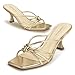 LOOPCHARM Women's Strappy Square Open Toe Kitten Heels Sandals Knotted Design Summer Fashion Slip On Mule Style,GOLD PU,9