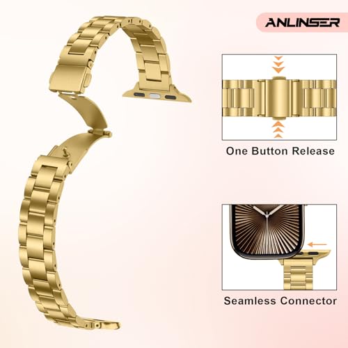 Image of Anlinser Bands Compatible with Apple Watch Band 49mm 46mm 45mm 44mm 42mm, Women Slim Stainless Steel Metal Strap for iWatch Ultra 2 Series 10 9 8 7 6 5 4 3 2 1 SE (Gold)