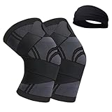 膝サポーター ２枚セット + ヘアバンド スポーツ用 怪我防止 通気性伸縮性 ランニング 男女左右兼用 黒 調整可能 加圧ベルトスポーツ用 滑り止め 通気性 保温性 (L（2枚）+ヘアバンド)