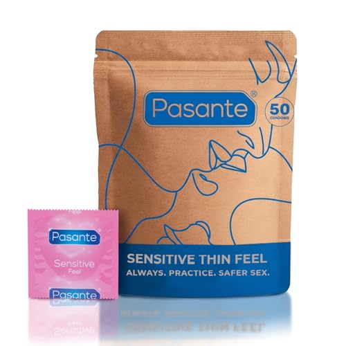 Pasante Sensitive Condoms Thin Extra Feel 50 Pack - Condoms Bulk for Men Silicone Lube Natural Latex Extra Safe Pleasure Long Last Delay and Close Fit