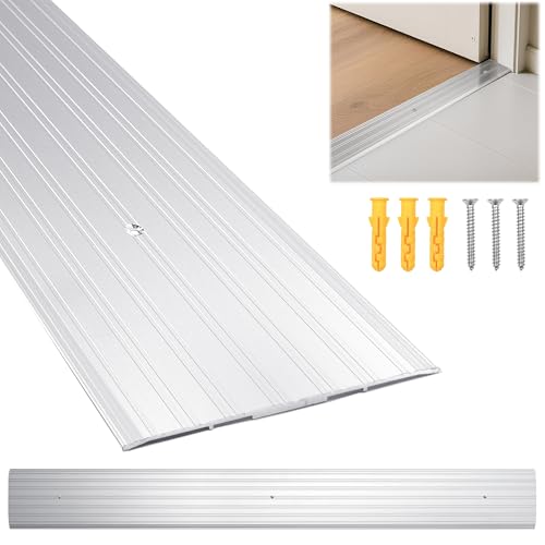 Aluminum Door Threshold - 48 L x 5 W 1PCS Exterior Door Threshold with Pre Drilled Holes and Expansion Screws, Non-slip Fluted Saddle Threshold Flat Profile Threshold, Prevent Dust & Airflow, Silver