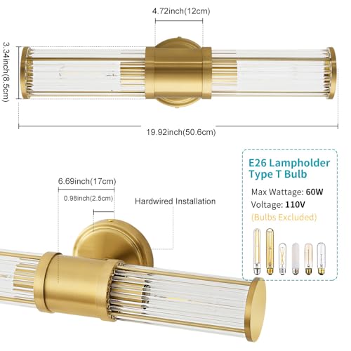 Image of Gold Wall Sconce Bathroom Vanity Light Fixtures for Mirror, Modern Wall Light with Glass Rod Shade for Bathroom, Bedroom, Hallway, Living Room - Bulb Not Included