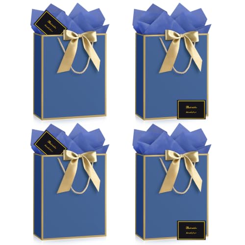 Image of JMANNI Gift Bags with Handles, 13 inch Medium Gift Bag for Presents, 4 Pcs Bags with 8 Tissue Paper and 4 Cards for Baby Shower Wedding Bridal Shower Mother's Day Birthday Party(Blue Gold)