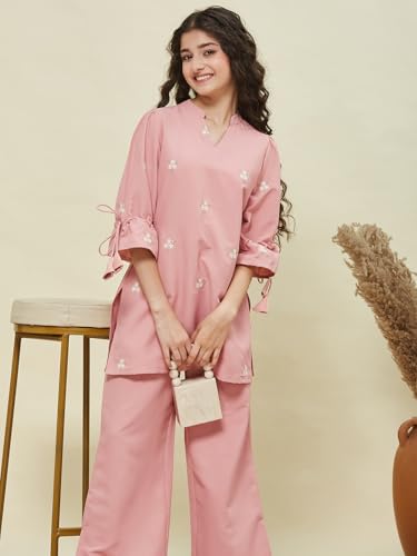 Image of Girls Floral Embroidered Kurta and Palazzo Pants Co-ord Set with V Neck Elegant Traditional Outfit for Festive and Functions