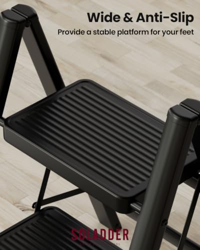 Image of SOLADDER 2 Step Ladder, Folding Step Stool, Lightweight Stepladder, Black