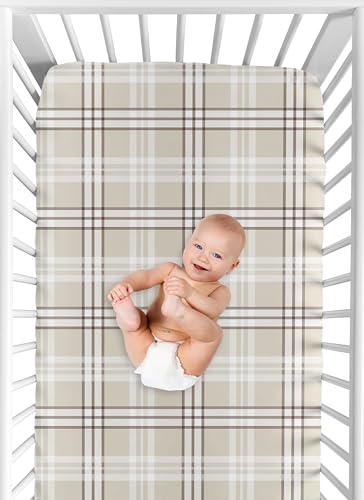 Image of Sweet Jojo Designs Fitted Baby Crib Sheets (Taupe Plaid) for Boys /Girls, Infant Nursery, Toddler Room - Standard Size (Earth Tones Checkered Tartan, Modern, Farmhouse for Boho Teddy Bear Collection)