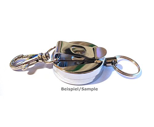 Waizmann.IDeaS® Ausweisjojo Stahlseil STAHLSEIL mit Gürtelclip & Arretierung 40mm Ø Jojo Zipper rund Aufrollmechanismus bis zu 200gr Zugkraft EXTRA STARK & Karabinerhaken