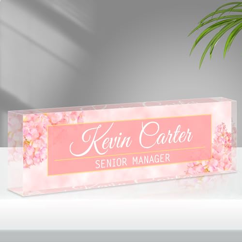 SCZQOVR Name Plate for Desk Personalized, Acrylic Desk Decorations, Employee Appreciation Gifts, Custom Office Gifts for Coworkers, Boss, Teacher, Nurse (Pink Hydrangeas)