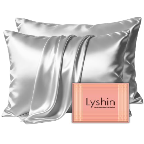 Image of LYSHIN Silk Pillow Cases 2 Pack Queen Size with Zipper, Silver Grey | 19 Momme Mulberry Silk Pillowcase for Skin and Hair, Anti-Acne, Hypoallergenic, Cooling, Beauty Sleep, Gifts for Women