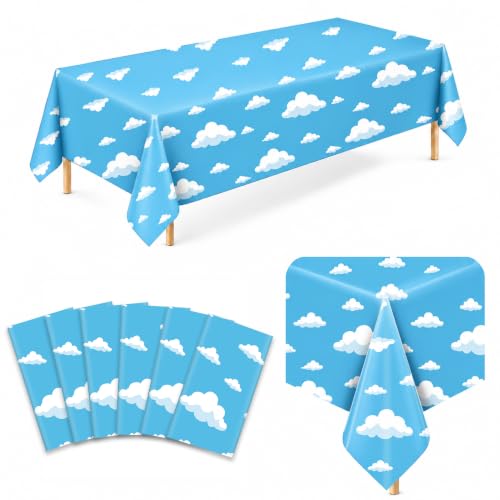 Image of 6 Pack Blue Sky Cloud Plastic Tablecloths, 54 x 108 in, Disposable Covers
