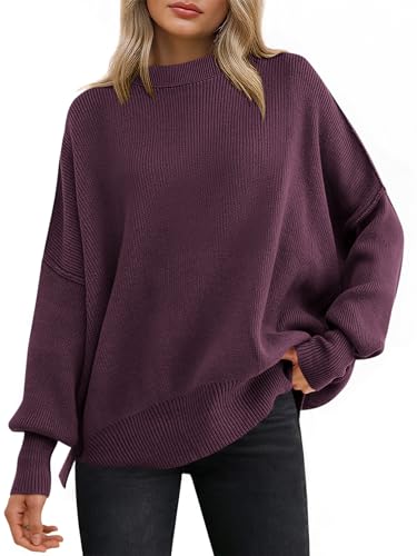Image of ANRABESS Women Oversized Sweaters Batwing Long Sleeve 2026 Fall Outfits Crewneck Casual Knit Side Slit Fashion Pullover Top