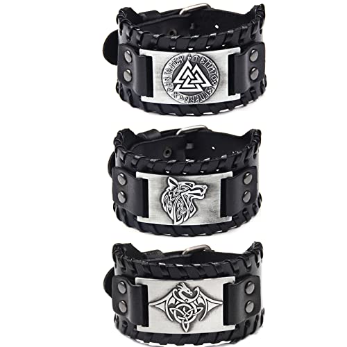 Sehaby 3 Stück Wikinger Lederarmbänder Schwarz Odin Rune Mittelalter Wolfskopf Drache Keltischer Knoten Vintage Leder Manschette Armbänder für Damen Herren