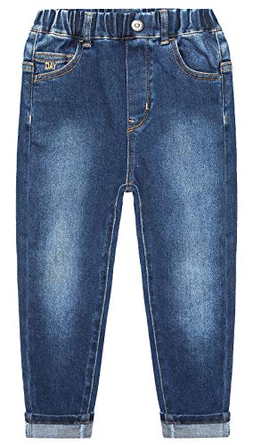 Kidscool Space Kids jeans de algodão com letras bordadas, cintura elástica, Azul, 5-6 anos