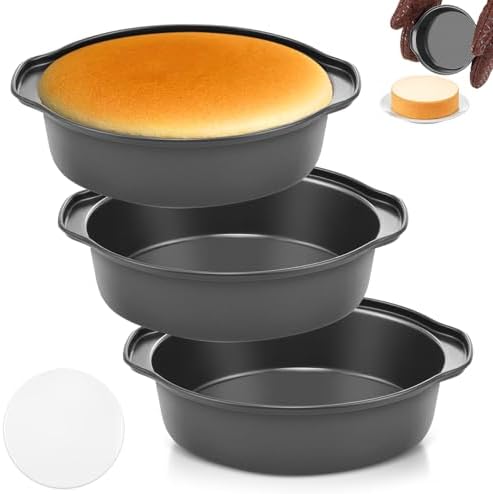 6 Inch Cake Pans - 3PCS Carbon Steel Cake Pan with 200 Parchment Papers, Round Cake Pans with Handle, Nonstick & Non-Toxic, Easy Demolding & Dishwasher Safe