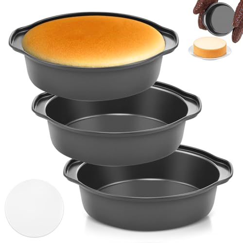 Funnydin 6 Inch Cake Pans - 3PCS Carbon Steel Cake Pan with 200 Parchment Papers, Round Cake Pans with Handle, Nonstick & Non-Toxic, Easy Demolding & Dishwasher Safe