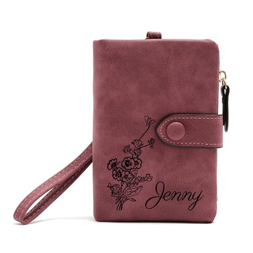 Cartera Personalizada para Mujer con Flor de Nacimiento y Nombre, Pequeña Cartera de Cuero, Monedero, Tarjetero para Mujeres Niñas, Regalos Personalizados para el Día de la Madre, Cumpleaños (Rojo)