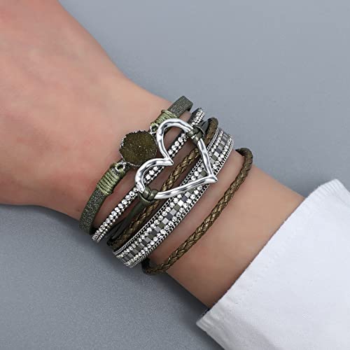 Hotoo Leather Wrap Bracelet For Women Amy Green Beaded Cuff Bracelet With Heart-Shape Decor Bohemian Crystal Bracelet Jewelry With Clasp Bangle Bracelet For Women Girls Birthday Holiday Gift #TOP4